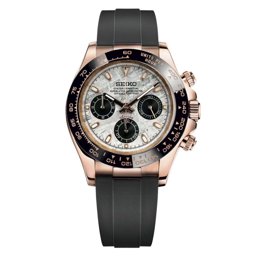 Seiko Daytona mod meteorite dial, rose gold case with black rubber strap, front view