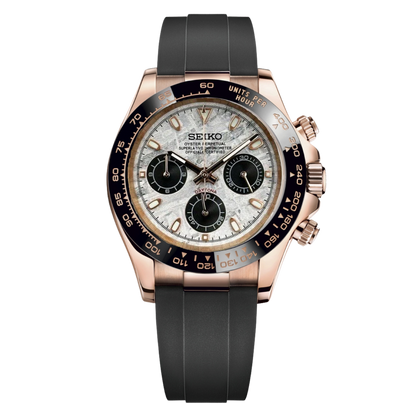 Seiko Daytona mod meteorite dial, rose gold case with black rubber strap, front view
