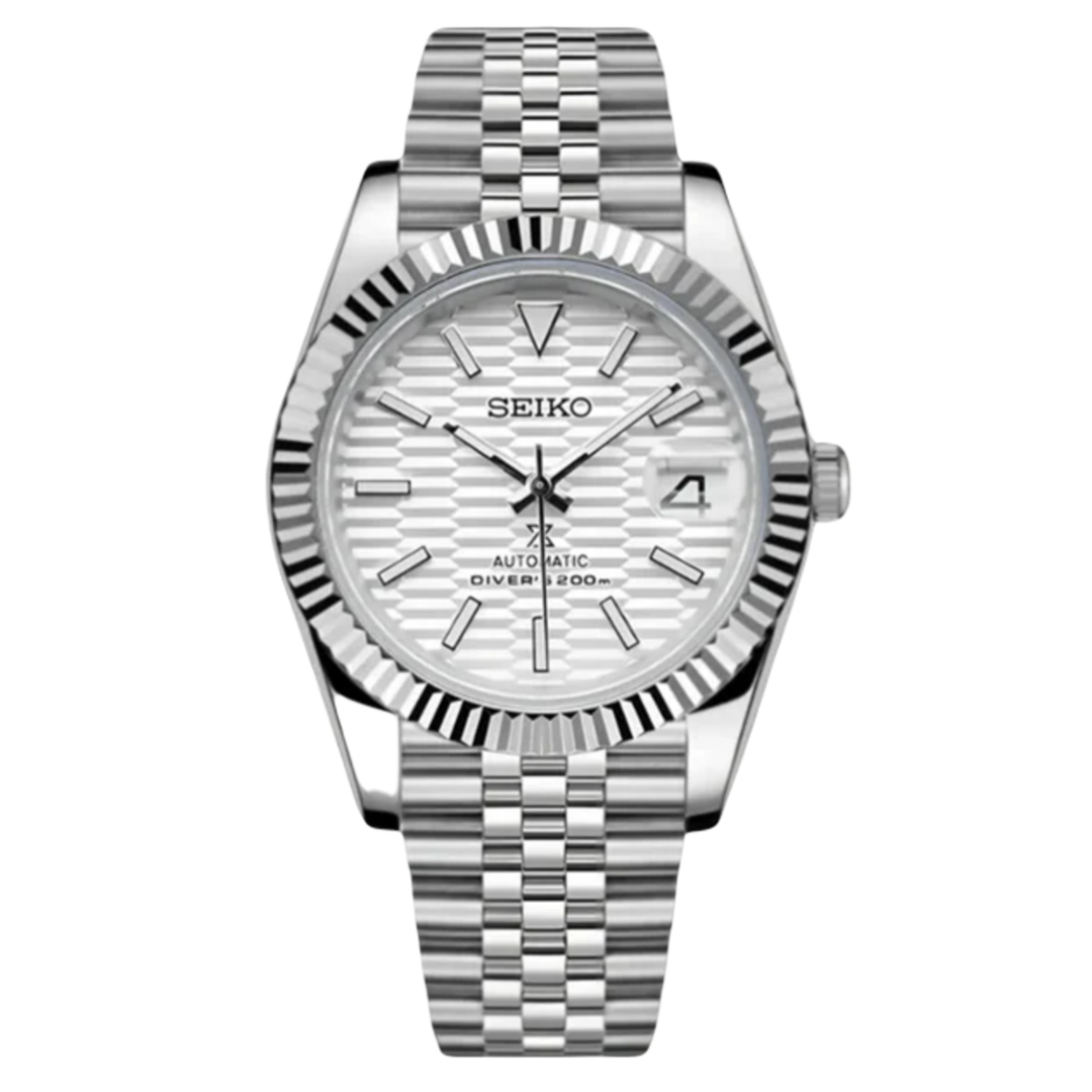 Seiko Datejust mod watch with white textured dial and fluted bezel, front view