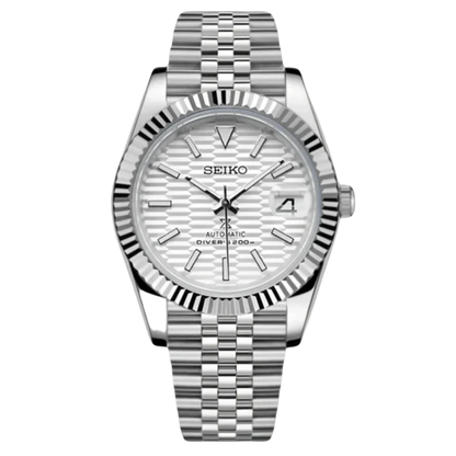 Seiko Datejust mod watch with white textured dial and fluted bezel, front view