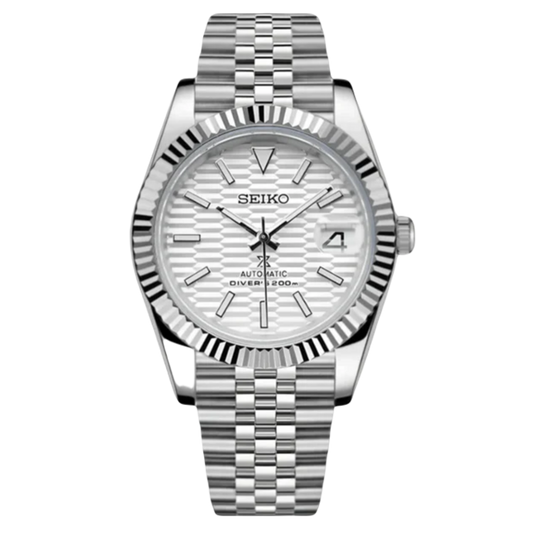 Seiko Datejust mod watch with white textured dial and fluted bezel, front view